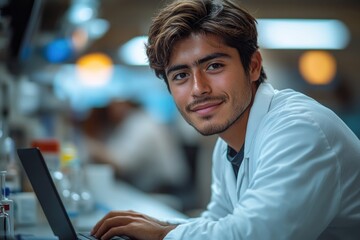 Smiling Young Hispanic Man in Lab Coat Working on Laptop, Happy and Professional in Lab Setting