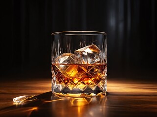 A glass tumbler filled with whiskey and ice resting on a wooden surface in dim lighting