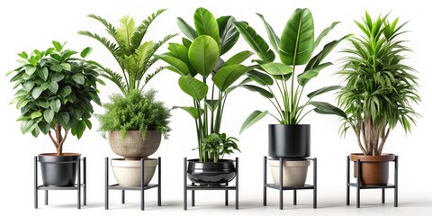 Fototapeta premium Five Indoor Plants in Black Metal Pots with White Background, 3D Render, Interior Design, Indoor Plants, Green Plants