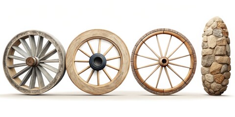 Fototapeta premium Four Wooden Wagon Wheels and a Stone Pillar, 3D Render, Wagon Wheel, Wooden Wheel, Rural