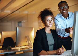 Business woman, man and night with computer, management and review in web design internship....