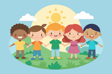 Cinco ni&ntilde;os de diferentes etnias tomados de las manos, sonriendo y jugando bajo un sol brillante, simbolizando la unidad y la amistad.