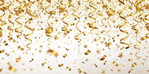 Golden Confetti and Ribbons Falling, White Background, 3D Render, Celebration, Party, Golden, Confetti