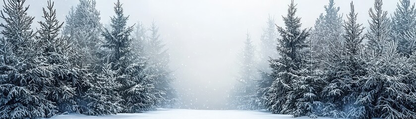 Fototapeta premium A peaceful winter forest scene with tall, snow-dusted evergreens forming a natural frame around a blank white center, perfect for a festive Christmas design with a touch of nature beauty. realistic
