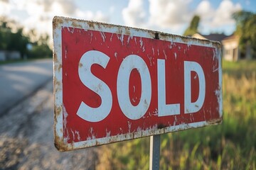 Fototapeta premium SOLD Sign in Front Yard of Newly Purchased House in Quiet Neighborhood