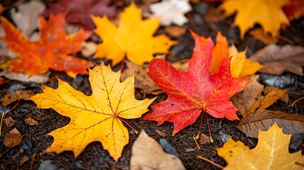 A close-up of colorful autumn leaves on the ground.