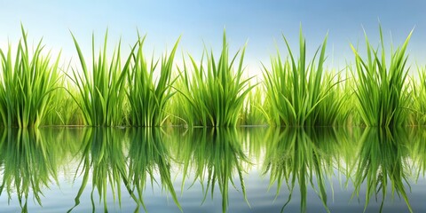 Fototapeta premium Green Grass Reflection in Water, 3D Rendering, Grass Reflection, Water Reflection, Green Landscape
