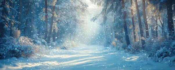A quiet, snow-filled forest with towering trees framing a pure white copy space, creating a peaceful Christmas backdrop with a touch of winter magic and natural beauty. anime style
