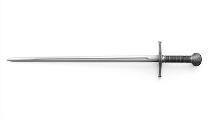 A detailed image of a classic medieval sword, showcasing its elegant blade and intricate hilt design, white background