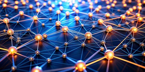 Interconnected Network of Glowing Spheres, 3D Render, Abstract, Blue, Orange, Network, Connection