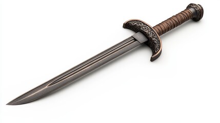 A detailed sword with an ornate handle, showcasing craftsmanship and design, ideal for historical or fantasy themes, white background