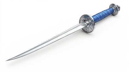 A detailed, elegant dagger with a polished blade and a blue wrapped handle, perfect for showcasing craftsmanship and martial themes, white background