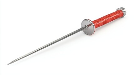 A sharp metal skewer with a red handle, ideal for grilling or cooking. Perfect for food presentation and preparation, white background