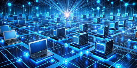 Obraz premium Interconnected Network of Laptops, 3D rendered, digital artwork, glowing blue lines, futuristic technology, computer network, data security