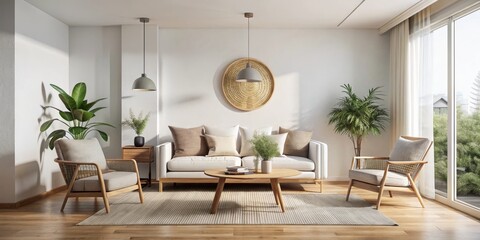 Living Room Interior Design with White Sofa, Wooden Floor, and Natural Light, interior design, living room, modern style