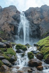 A breathtaking waterfall cascading down rocky cliffs, surrounded by lush greenery in a serene landscape during daylight