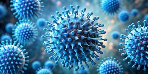 Fototapeta premium Microscopic View of a Virus, 3D Rendering, Blue Virus, Close-up, Microbiology, Virus Structure, Pandemic