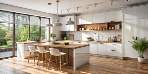 Fototapeta premium Modern Kitchen Interior Design with Island and Wooden Flooring, 3D Rendering, Kitchen Design, Interior Design, Kitchen Island