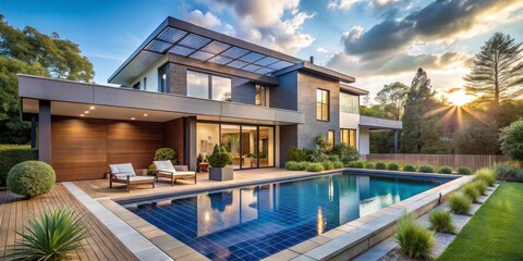 Fototapeta premium Modern House with Pool and Sunset Sky, Modern Architecture, Luxury Homes, Backyard Oasis