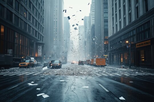 A deserted city street with scattered debris and papers swirling in the air during a stormy day