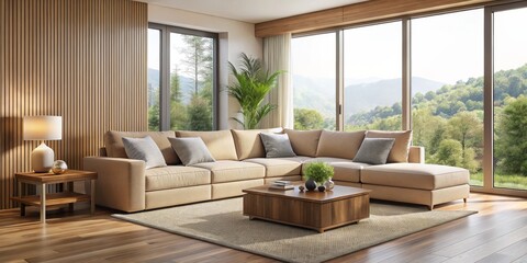 Modern Living Room with Sectional Sofa and Mountain View, Interior Design, Home Decor, Living Space