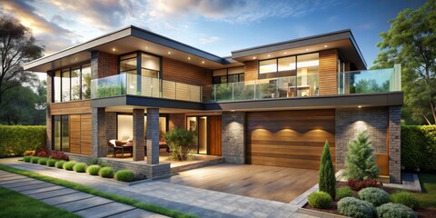 Fototapeta premium Modern Luxury Home with Stone and Wood Facade, 3D Illustration, Exterior Design, Sunset Lighting, House, Architecture, Design
