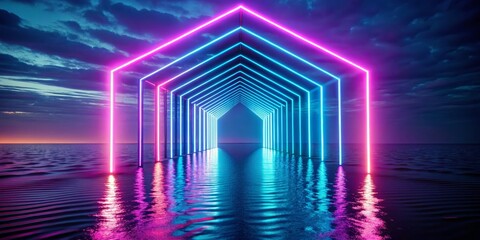 Fototapeta premium Neon Portal on the Ocean, 3D Render, Glow, Cyberpunk, Futuristic, neon, portal