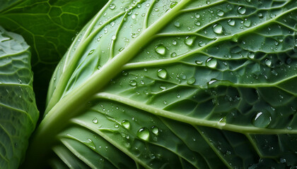 Obraz premium close up of a fresh green cabbage leaf with water drops on it