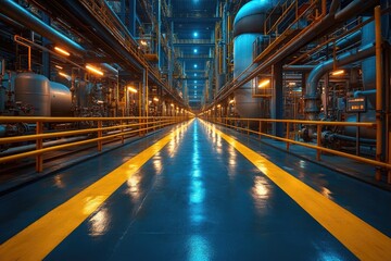 Fototapeta premium Steel Pipelines and Cables in Factory Interior: Chemical Industry Background and Concept