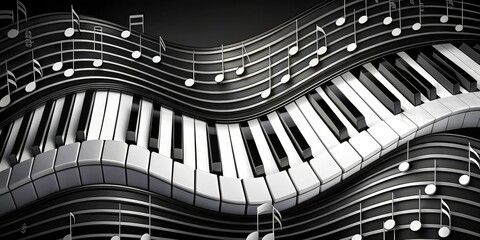 Piano Keys and Music Notes in a Wavy Composition, music, piano, abstract
