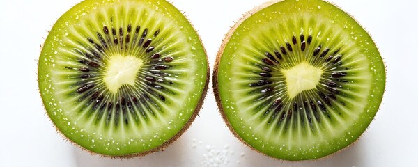 Fototapeta premium Sliced kiwi fruit showcasing vibrant green flesh and rich black seeds on a white background in a clean kitchen setting