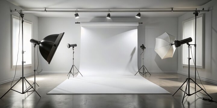 Professional Photography Studio Setup with White Backdrop and Lighting Equipment, photo studio, studio photography, photography lighting