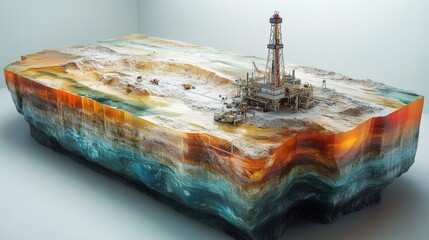Aerial View of Offshore Oil Rig Platform in Layered Seabed Landscape