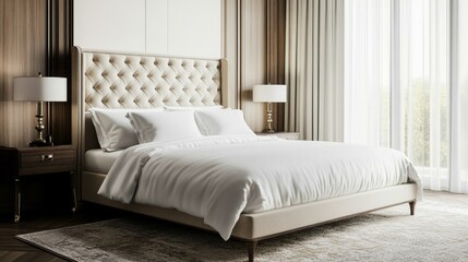 A refined bedroom featuring a tufted headboard bed, two wooden nightstands with lamps, and a large window with curtains, perfect for a serene and luxurious retreat.