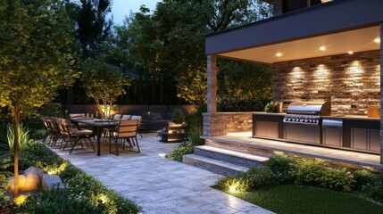 Obraz premium A beautifully designed modern backyard featuring an outdoor kitchen with a grill and a cozy dining area with warm lighting, surrounded by lush greenery and steps.