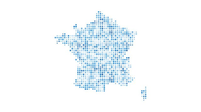 France dotted digital map. Map of France with pulsating colored circles. Shape of the country filled with blue disks. Powerful video.