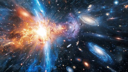 Stunning depiction of the big bang  radiant energy bursts and forming galaxies in cosmic space