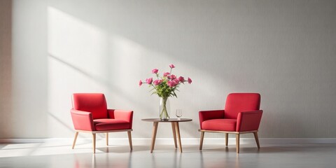 Fototapeta premium Two Red Armchairs with a Center Table and Pink Flowers, Minimalist Interior Design, Living Room, Home Decor, Modern Furniture, Apartment ,living room