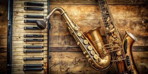 Vintage Accordion and Saxophone on Rustic Wood, Musical Instrument, Jazz, Vintage