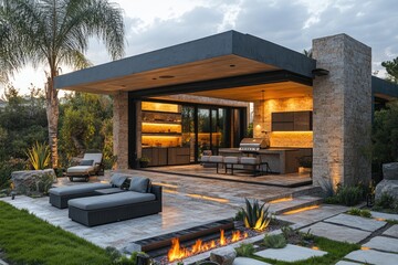 Chic Outdoor Barbecue Setup: Modern Gas Grill, Cozy Lounge Furniture, and Fire Pit at Dusk