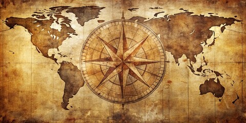 Fototapeta premium Vintage World Map with Compass Rose, Grunge, Treasure, Exploration, Adventure, Navigation, Map