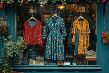 Chic Shop Window Showcasing Trendy Designer Fashion Clothes for a Stylish Boutique Shopping Experi