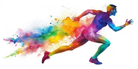Fototapeta premium Watercolor Runner Silhouette with Colorful Splashes, Running, Speed, Art