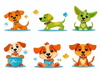 Naklejka premium Colorful cartoon puppies playing and having fun in a cheerful animated setting
