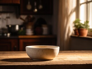 A rustic wooden kitchen table with a simple white bowl bathed in warm sunlight during the afternoon