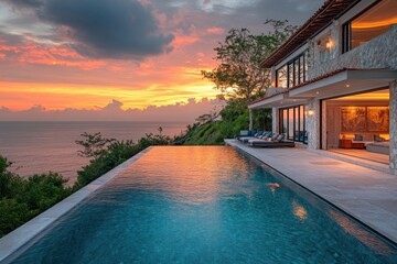 Fototapeta premium Stunning Sunset View from a Luxury Infinity Pool: Unwind in Elegance and Tranquility
