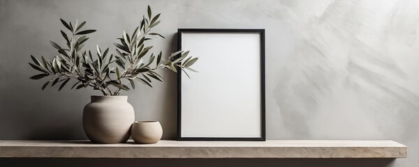 A minimalist display featuring two ceramic pots with olive branches and a blank frame on a neutral-toned wall shelf