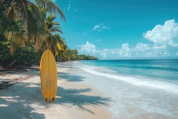 Surfing Fun on a Sandy Tropical Beach: Palm Trees, Clear Blue Sky, and Water Sports in Summer