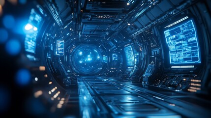 Naklejka premium A stunning view of a space station node showcasing a futuristic design with perfect lighting and cool blue tones, highlighting advanced technology in a beautifully crafted environment