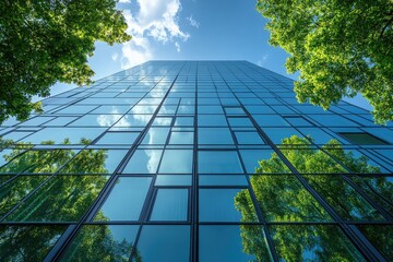 Eco-Friendly Glass Office Building with Green Trees in Modern City for Carbon Reduction